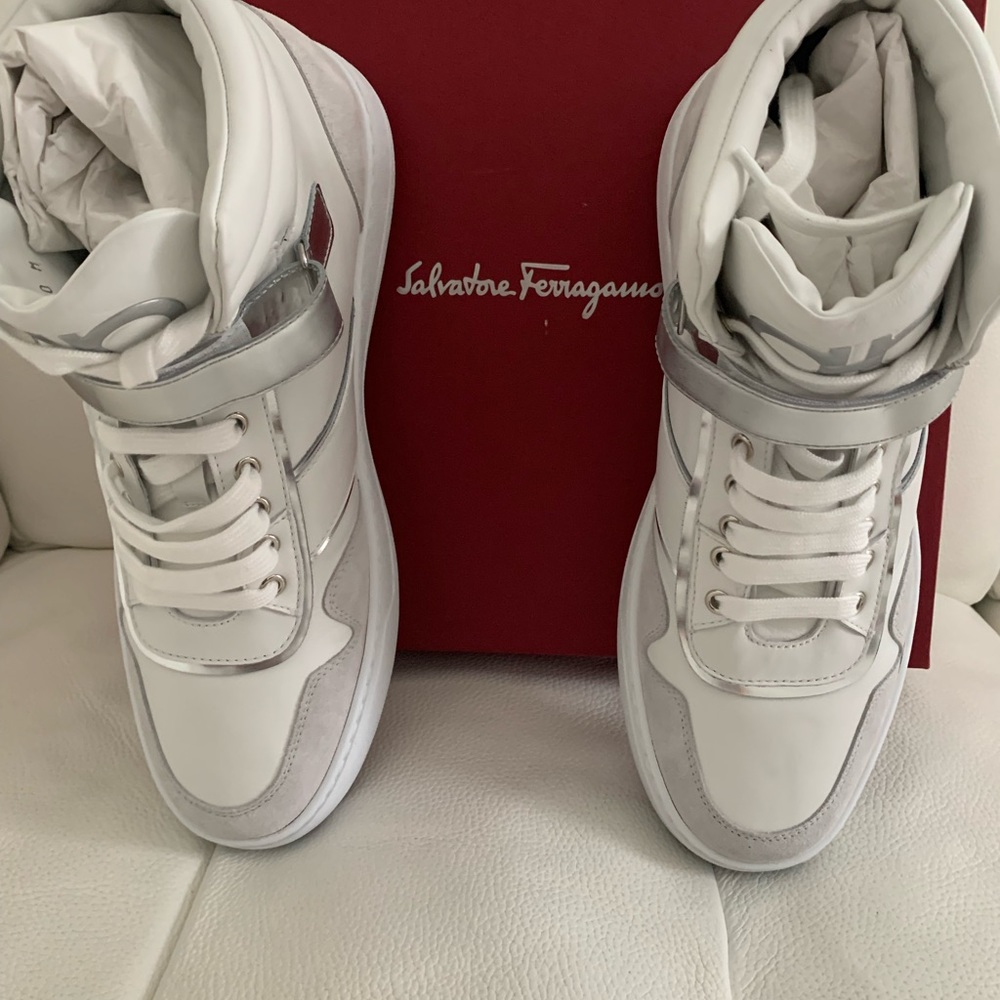 NIB Mens Salvatore Ferragamo "Noe" Leather High-Top Sneakers White/Nikel 10 - Picture 4 of 10